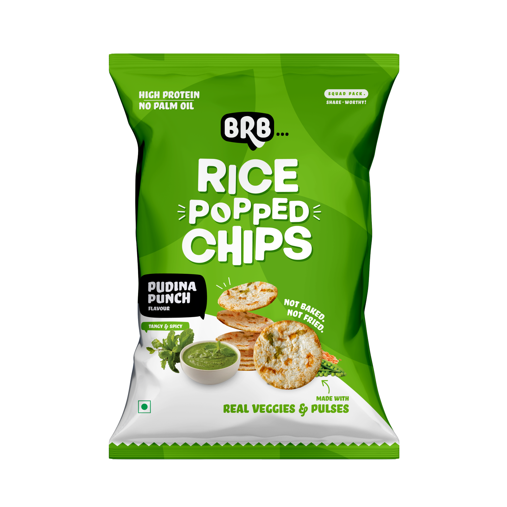 BRB Rice Popped Chips | Pudina Punch Flavour | Not Fried. Not Baked | High Protein | 50% Less Oil, No Palm Oil, Healthy Snack | 54g