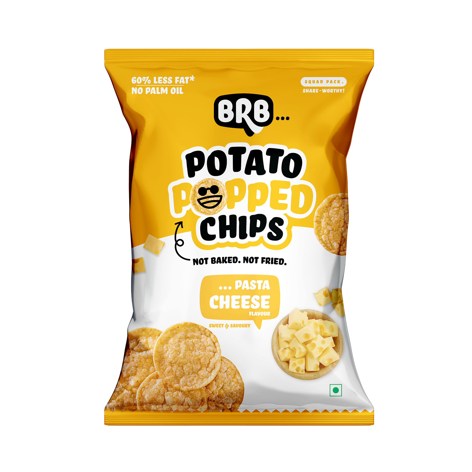 BRB Potato Popped Chips | Pasta Cheese Flavour | Not Fried. Not Baked | 60% Less Oil, Lower Calorie, No Palm Oil, Healthy Snack | 51g