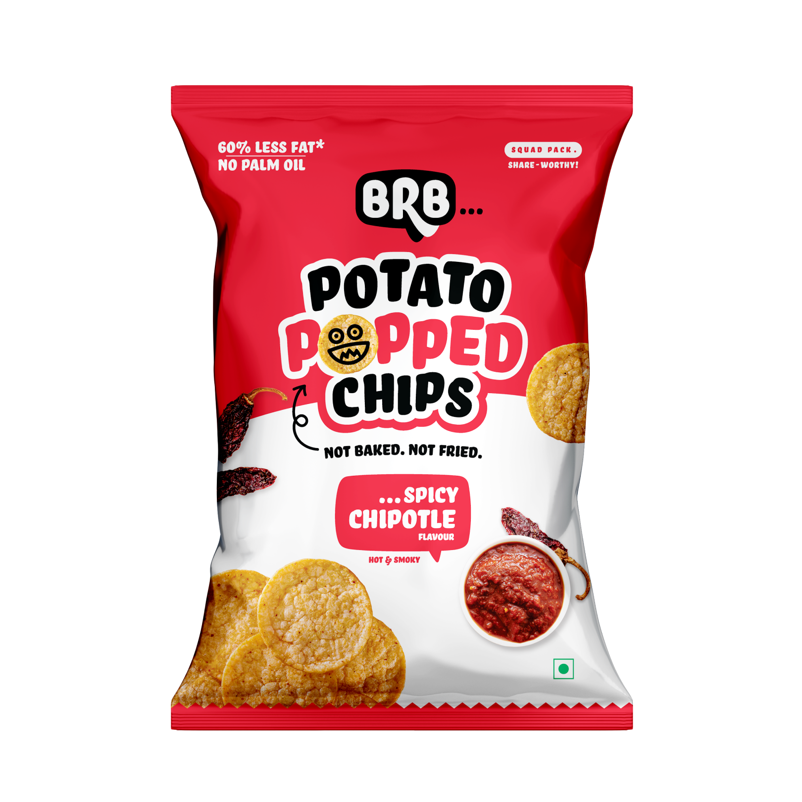BRB Potato Popped Chips | Spicy Chipotle Flavour | Not Fried. Not Baked | 60% Less Oil, Lower Calorie, Healthy Snack | 51g