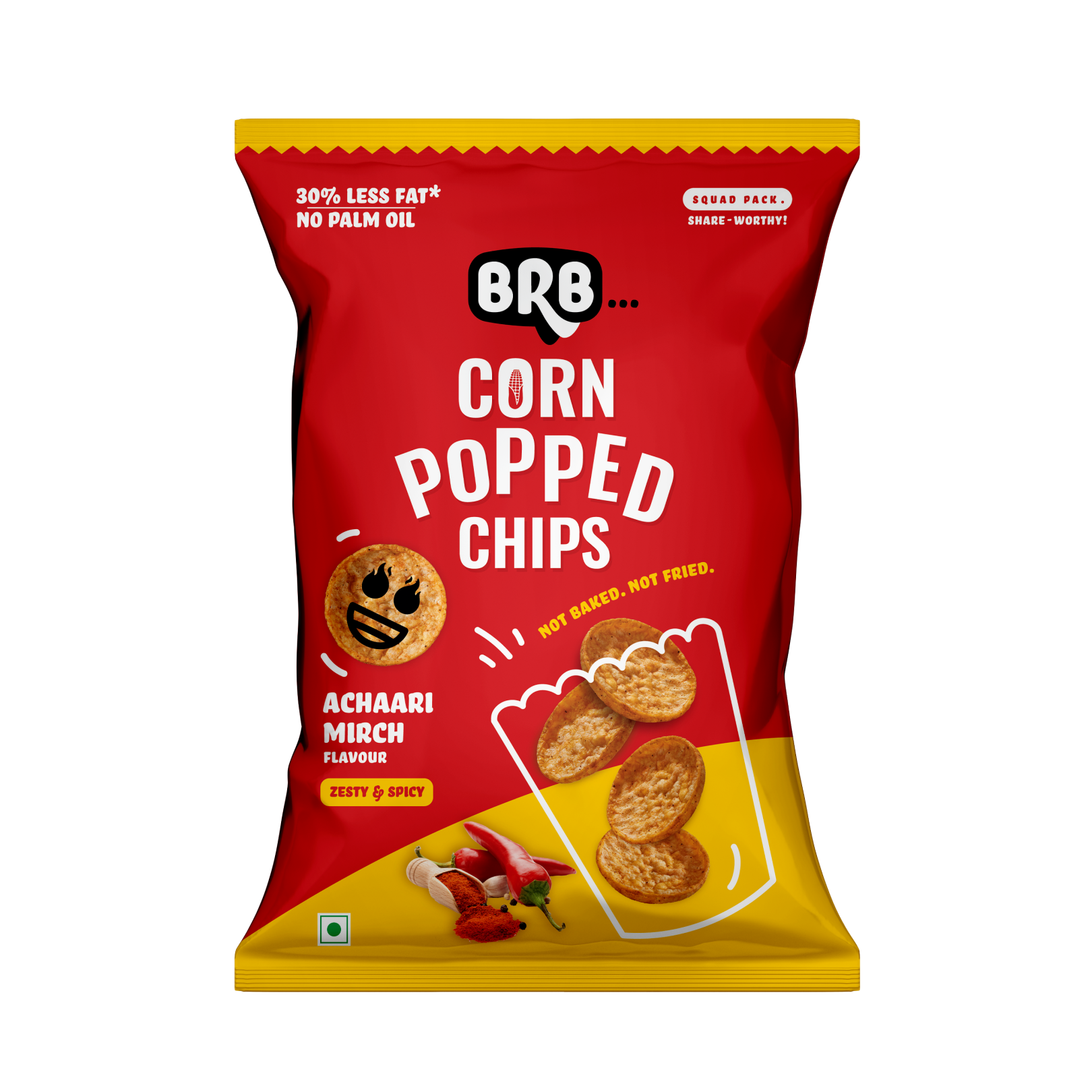BRB Corn Popped Chips | Achaari Mirch - Flavour | Not Fried. Not Baked | 30% Less Oil, No Palm Oil, Healthy Snack | 51g