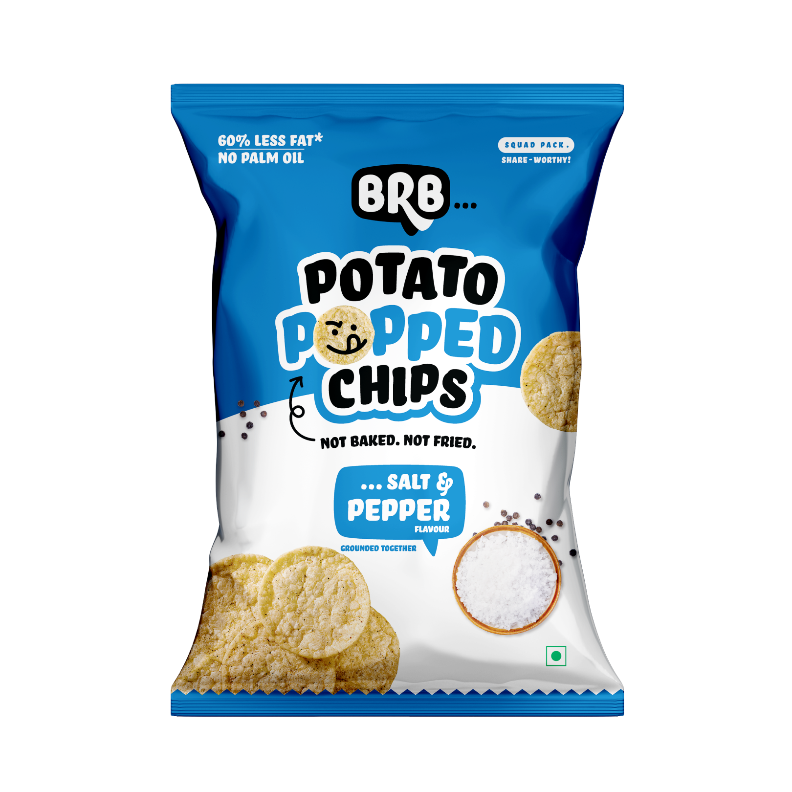 BRB Popped Potato Chips | Salt & Pepper Flavour | Not Fried, Not Baked | 60% Less Oil, Lower Calorie, No Palm Oil, Healthy Snack | 51g
