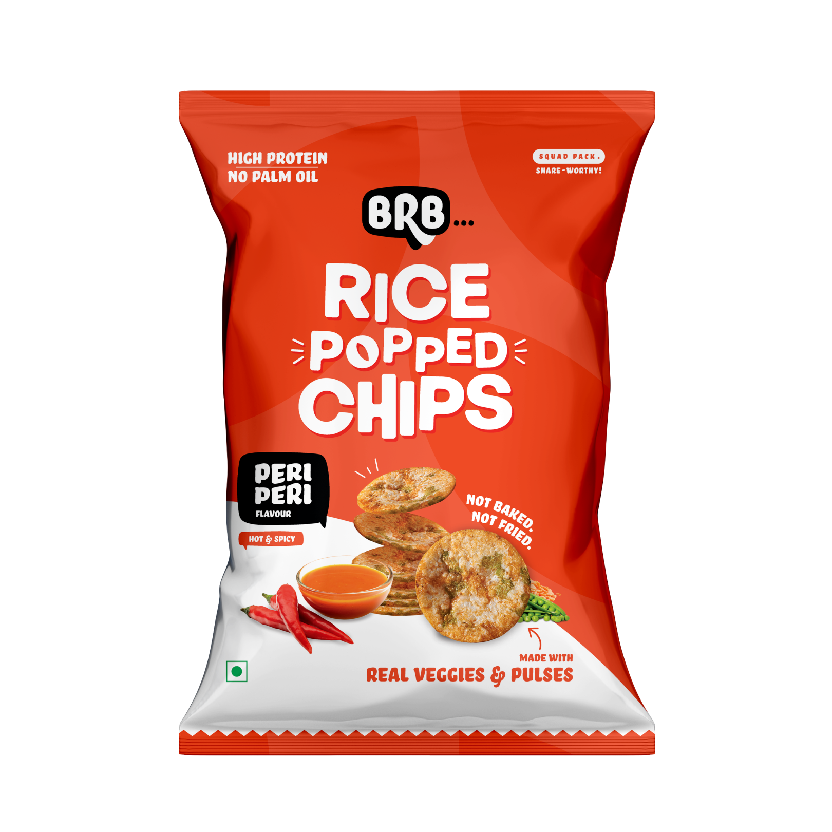 BRB Rice Popped Chips | Peri Peri Flavour | Not Fried. Not Baked | High Protein | 50% Less Oil, No Palm Oil, Healthy Snack | 54g