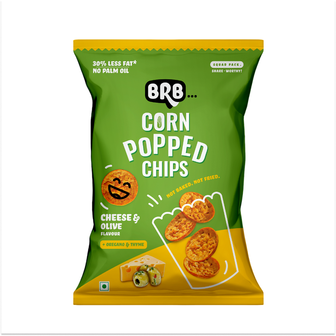 BRB Corn Popped Chips | Cheese & Olive - Flavour | Not Fried. Not Baked | 30% Less Oil, No Palm Oil, Healthy Snack | 51g