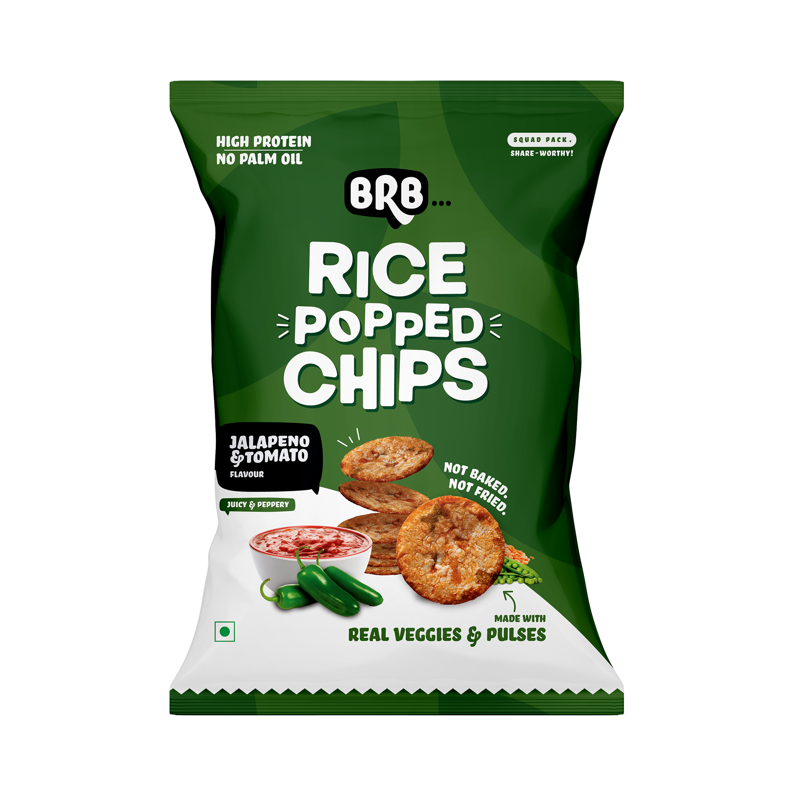 BRB Rice Popped Chips | Jalapeno & Tomato Flavour | Not Fried. Not Baked | High Protein | 50% Less Oil, No Palm Oil, Healthy Snack | 54g