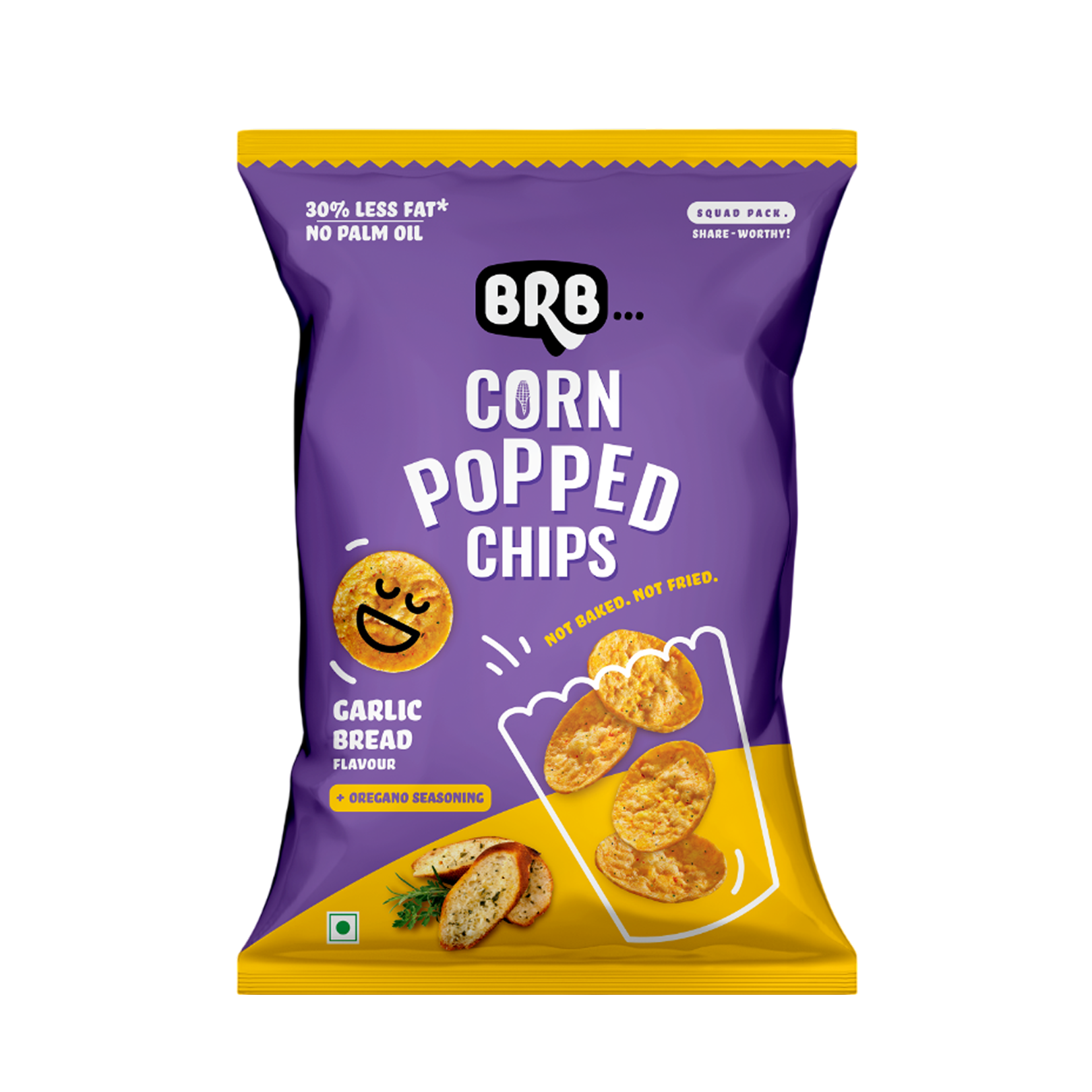 BRB Corn Popped Chips | Garlic Bread Flavour | Not Fried, Not Baked | 30% Less Oil, No Palm Oil, Healthy Snack | 51g