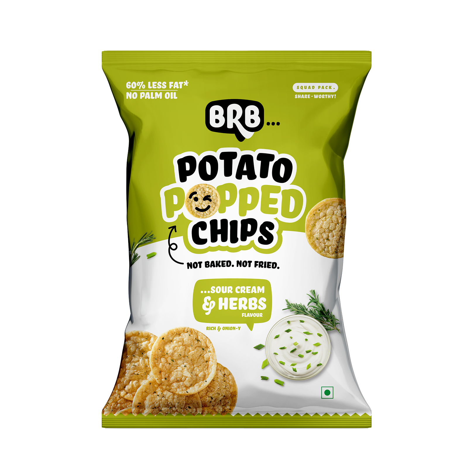 BRB Popped Potato Chips | Sour Cream & Herbs Flavour | Not Fried, Not Baked | 60% Less Oil, Lower Calorie, No Palm Oil, Healthy Snack | 51g