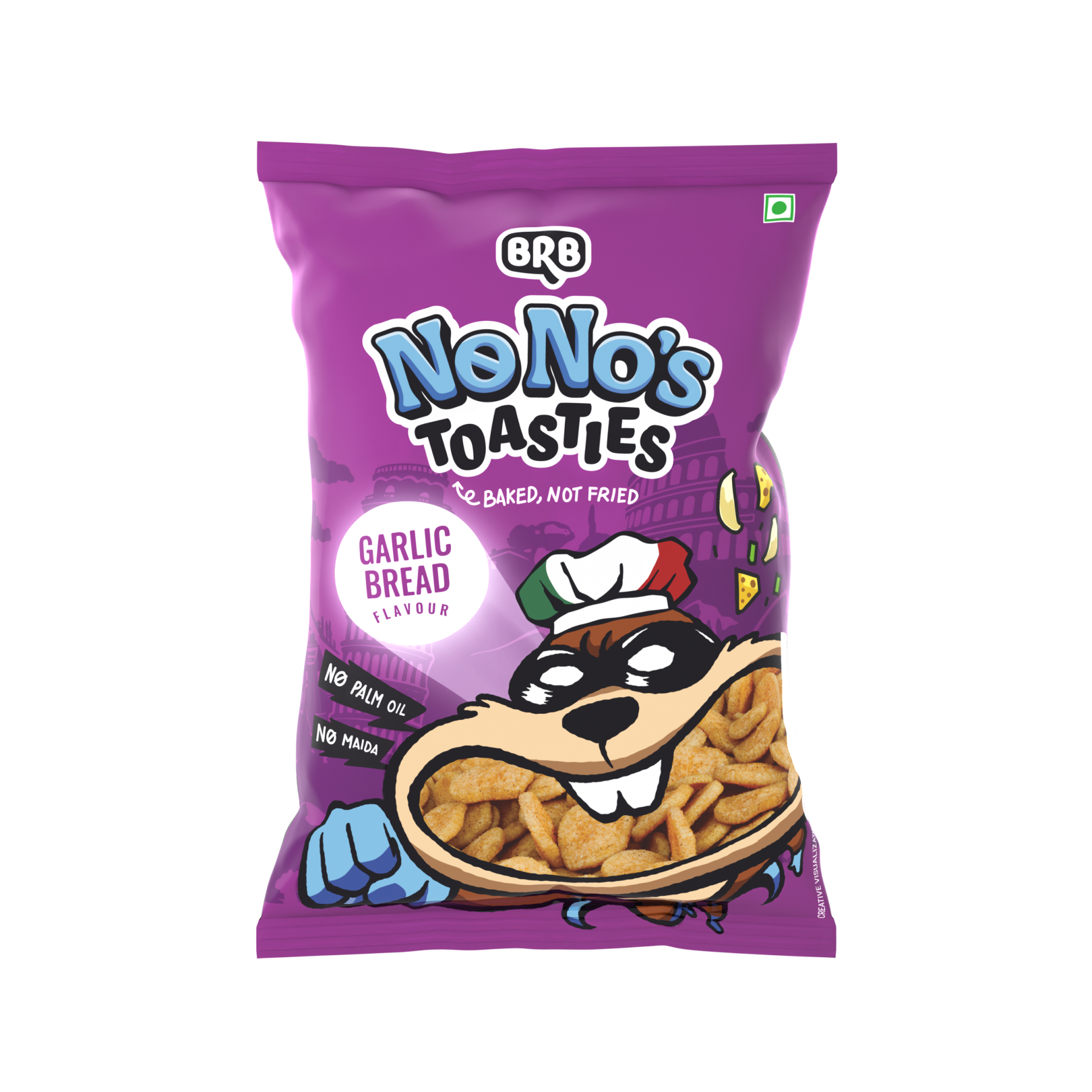 BRB NoNo's Toasties - Garlic Bread Flavour | Baked, Not Fried | No Maida, No Palm Oil, Healthy Snack | 60gm Pack